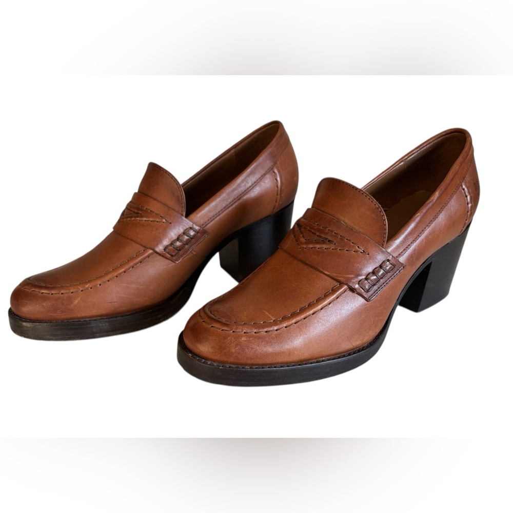 Frye leather women’s 3” heeled loafer.  Cognac color. Size 9.5B. Preloved